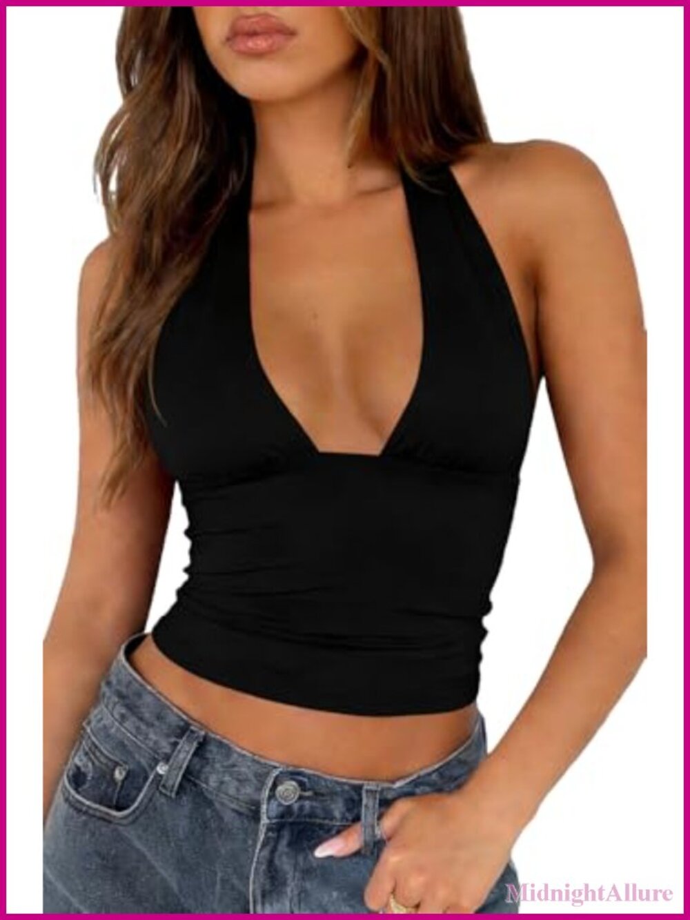 Sleeveless Halter Neck Crop Tank Top Backless Deep V Neck Open Back